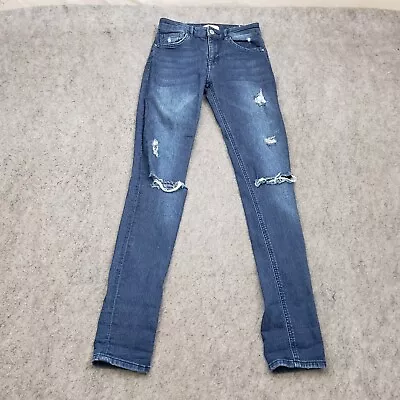 H&M Jeans Women 2 Skinny Blue Distressed Denim Low Rise Stretch Pants 24x30 • $17.99