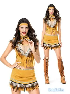 X-E3-4 Ladies Pocahontas Native American Indian Tribal Wild West Party Costume • $28