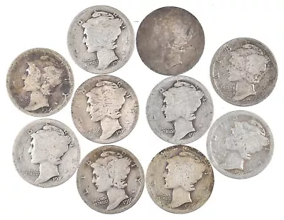 Lot Of 10 First Year 1916 P/S Mercury Head Silver Dime Collection 1/5 Roll *242 • $0.01