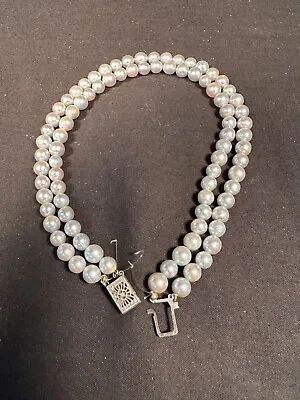 Vintage Cultured Pearls Siver Gray Necklace 14k White Gold Clasp • $150