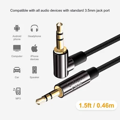 Braided Aux Cable 3.5mm Audio Jack Right Angle Male 45cm /17  Auxiliary Stereo • £3.99