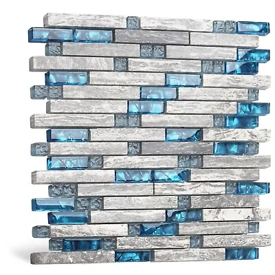Marble Glass Tile Grey Blue Mosaic Accent Wall Backsplash Tiles Box Of 10 Sheets • $177.56