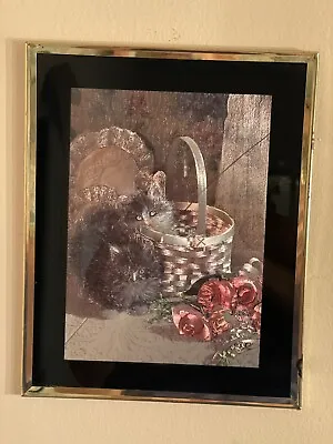 Vintage Foil Art Picture Cats In Basket Iridescent Feline Portrait Framed Crack • $15.99