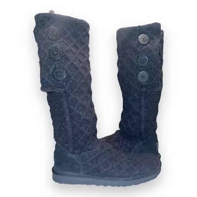 UGG Australia Black Lattice Cardy 3 Button Tall Winter Knit Boots Size US 8 • $53.95