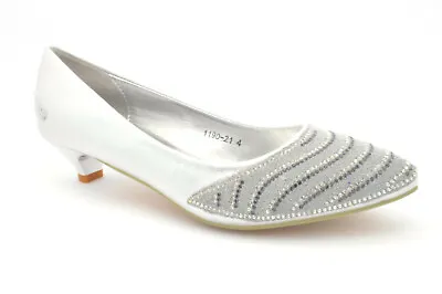 Womens Ladies Low Kitten Heel Wedding Evening Party Shoes Sandals Silver 1190-21 • £12.99