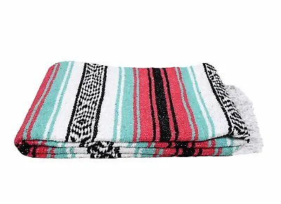 Mint And Coral Pink Mexican Blanket Vintage Style Serape Blanket XL Stripe Falsa • $14.89