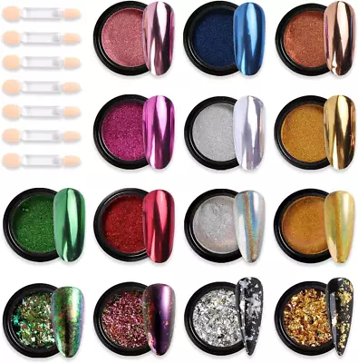 Chrome Nail Powder Set 14 Colors Pink Blue Silver Metallic Effect Mirror Powder  • $12.13