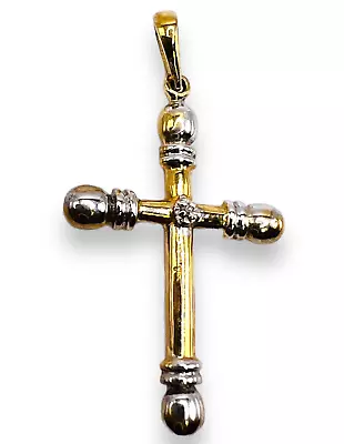 Vintage 10k Solid Real Two Tone Gold Diamond Cross Pendant 40mm -0695 • $150