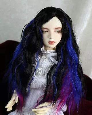 1/4 1/3 7-8  BJD Doll Wig MSD Sd Long Black Bright Pink Blue Purple Streaks 201 • $26.50