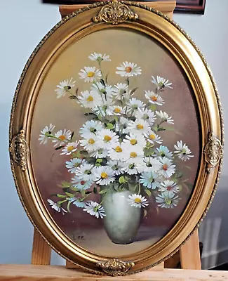 Oval Oil Painting On Board Still Life Flowers Daisies Classic Frame • £52