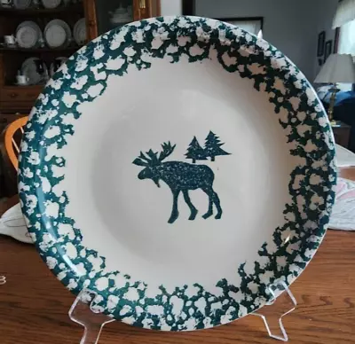 Moose Country Platter Chop Plate 12  Stoneware Tienshan Folkcraft Green Sponge ! • $20.99