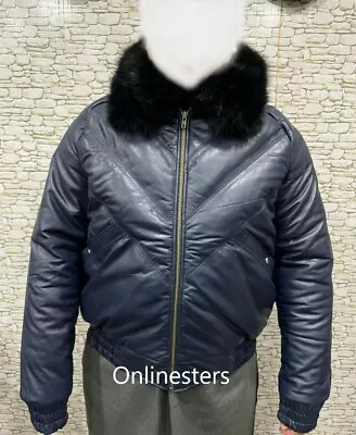 Mens Bubble V Bomber Sheepskin Jacket In Navyblue With Real Fox Fur Collar • $159