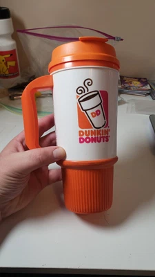 $22 • Buy Dunkin'Donuts Travel Mug Tumbler W/Handle - 24oz Orange And White 2013 Hot/Cold