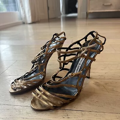 MANOLO BLAHNIK Shoes Womens 39 Metallic Gold Chaos Cuffed Heeled Stiletto Sandal • $50