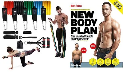 Mens Fitness Book & Resistance Bands Exercise Tubes With Handles Set Gym Workout • £13.99