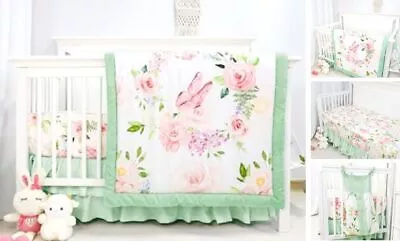 4-Piece Crib Bedding Set Baby Girl Crib Bedding Set Butterflies Pink Flower • $71.19