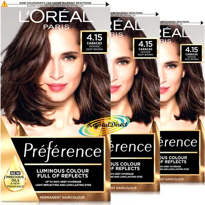 3x Loreal Preference Caracas 4.15 INTENSE DEEP BROWN Permanent Hair Colour Dye • £35.99