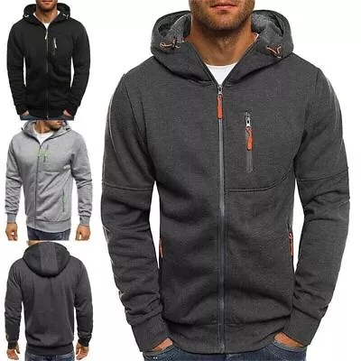 Mens Hooded Zipper Sports Jumper Top Plain Fleece Zip Up Hoodie Sweatshirt • £9.88