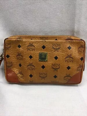 MCM Vicetos Logogram Clutch Bag PVC Leather Brown Auth 54357 • $125
