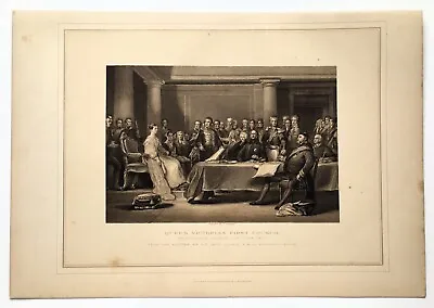 QUEEN VICTORIA'S FIRST COUNCIL - 1880s Large Historical Antique Sepia Engraving • $9.94