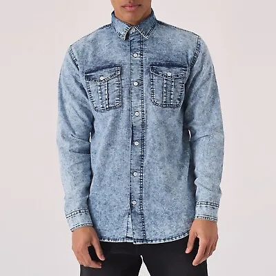 Mens Denim Shirts 100% Long Sleeve Cotton Shirts Casual Solid Button-Up Collar • £23.99