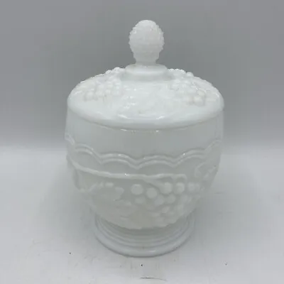 Vintage Milk Glass Dish With Lid Candy Sugar Dish White Grapes Leaves 4 X3.5  • $23.99