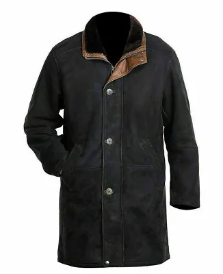 Western Distressed Long Trench Suede Leather Coat - Black Leather Coats For Men • $119.99