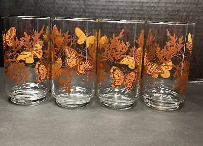 Vintage Libby Butterfly Highball Tumbler Barware Glass Set Of 4 Brown Moth Fern • $17