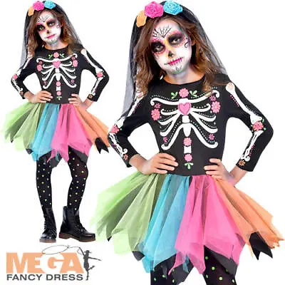 Sugar Skull Girls Fancy Dress Halloween Day Of The Dead Skeleton Childs Costume • £12.99