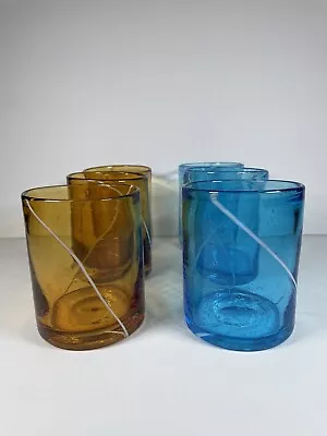 Mexican Handblown Art Glass Tumblers Set Of 6 Aqua Blue And Amber W/White Swirls • $48