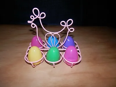 Metal Pink Easter Egg Display Rack With Chicken Handle Holds 6 Eggs • $10