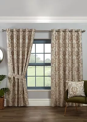 Eyelet Curtains Tegola Damask Jacquard Ready Made Pair Sundour Latte • £14.39