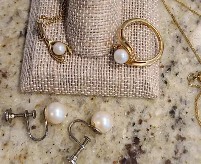 Lind 14kt Gold Plated Faux Pearl Ring Size 6. Wishbone Pearl Necklace. Earrings • $13.75