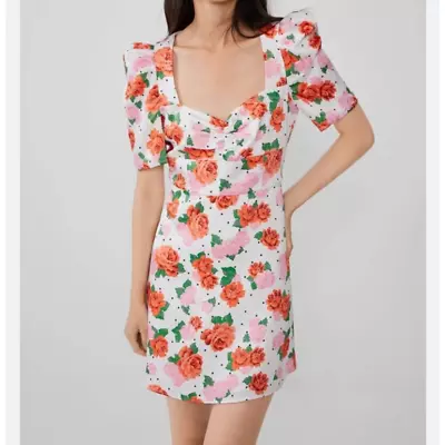 Zara Floral Polka Dot Puff Sleeve A-line Dress Medium White Orange Pink Green • $15