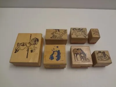 Vintage Wood Mounted Unicorn Carousel Horse Panda Horse Bear Rubber Stamps LOT • $12.73