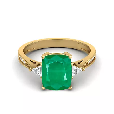 925 Sterling Silver Yellow Plated 9x7MM Cushion Emerald Three Stone Women Ring • $90.88