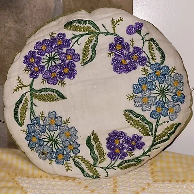 Vintage Embroidered Throw Pillow Handmade Purple & Blue Boho Cottagecore 14  • $15