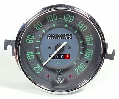 VW BUG BUS GHIA ISP 200 KLM SPEEDOMETER W/TRIP ODOMETER GREEN NUMERICAL FACE • $225