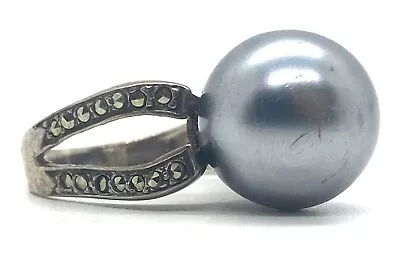 Dainty Sterling Silver Womens Black Pearl Ring Vintage Unpolished Size 8 • $41