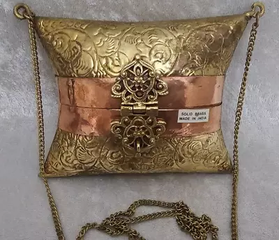 Art Deco Pillow Purse Brass Copper 1930's Purple Velvet Lining & Chain Strap • $24.95