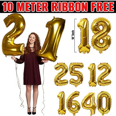 16'' Gold NUMBER Foil Balloons 18th Letters AGE Party Birthday Balloon Decor UK • £2.49