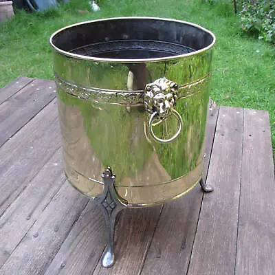 Original Antique Brass With Cast Iron Legs Planter Jardiniere Bucket Logs Wood • £340