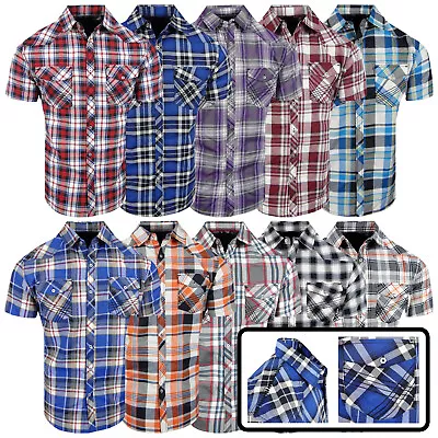 Plaid Western Shirt Short Sleeve Men Embroidered Pocket Shoulder Button Slim Fit • $17.95