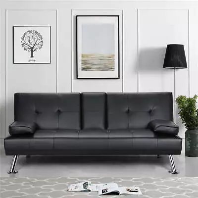 Modern Faux Leather Futon With Cupholders And Pillows Couch Sofa Bed Futon Black • $208.99