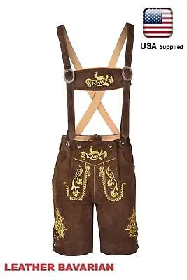 Oktoberfest Authentic Bavarian Lederhosen Men Chocolate Leather Suspender Short  • $79.99