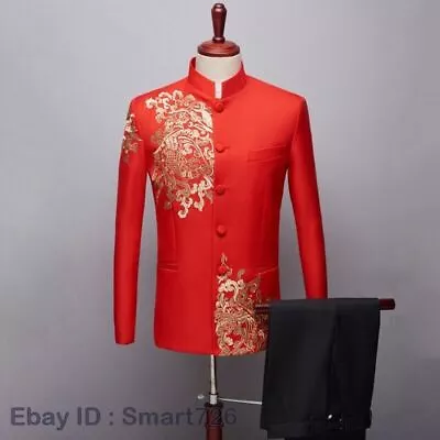 Mens Embroidery MAO Suit Stand Collar Chinese 2PCS Costume Buttons Formal Casual • $72.23