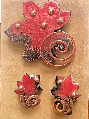 Matisse Brooch & Earrings Set Signed Copper & RED Enamel Leaves Vintage • $45
