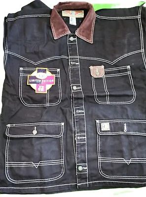 Vintage 90s Black Denim Shirt Oversized Pocket Corduroy/leather Accent. L XL • $14.99