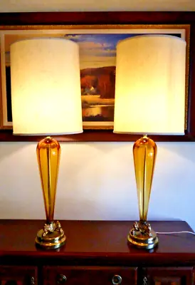 Rare 2 Alfredo Barbini Murano Venetian Italian Art Glass Lamps Mcm Amber Pair • $1800