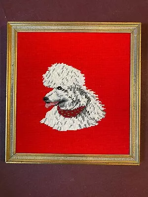 Vintage White Poodle Needlepoint Completed Framed 16  X 15  Dog Portrait EX • $65
